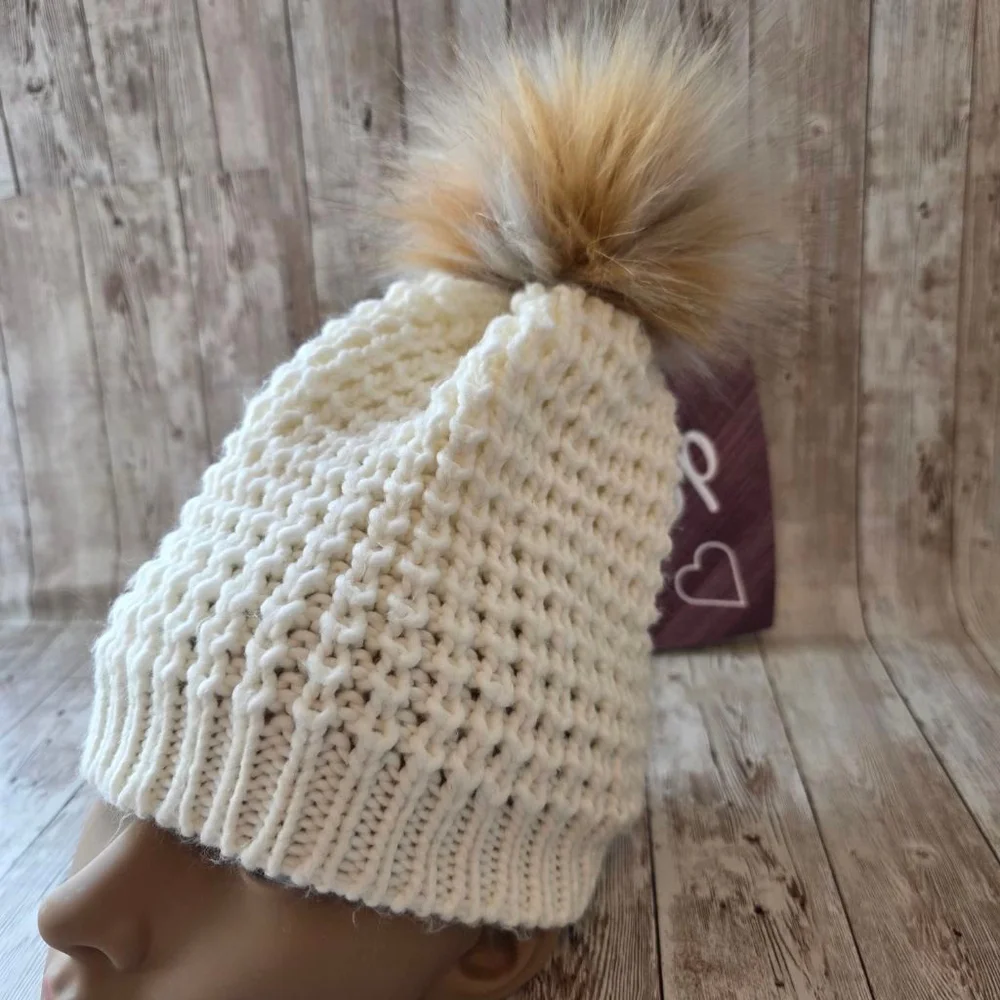 Women's Berkshire Fashion Inc. White Knit Beanie Hat with Brown Faux Fur Pom NWO